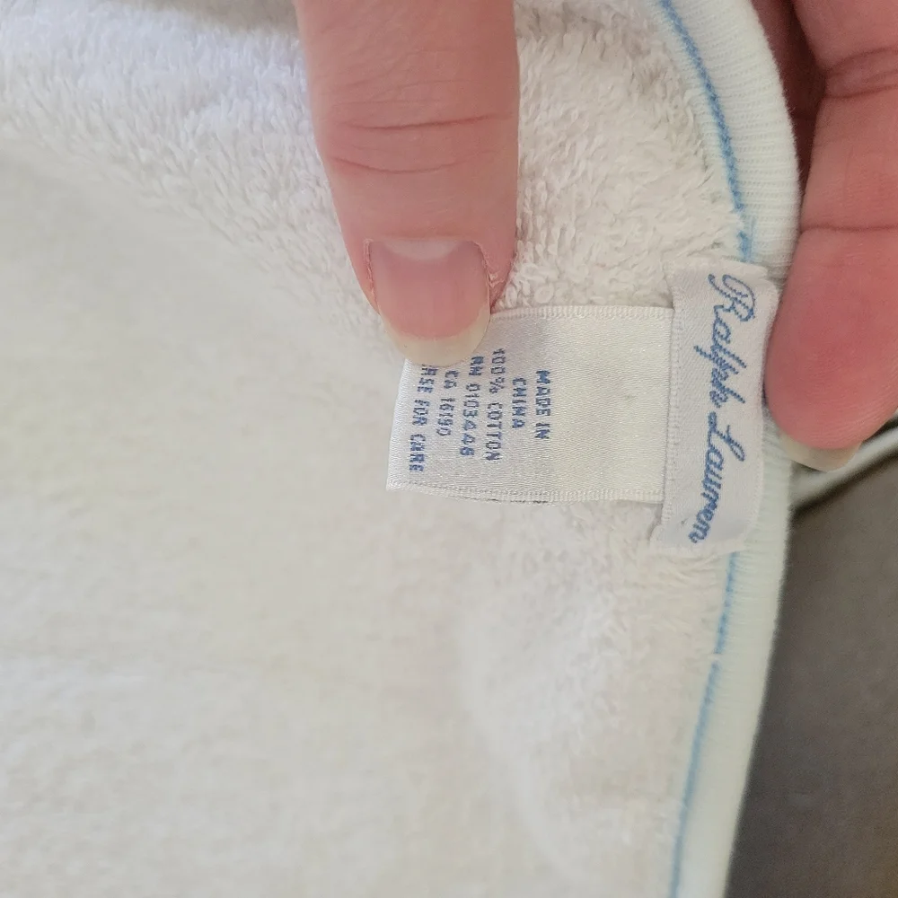 Ralph Lauren White Hooded Baby Towel with Blue Trim